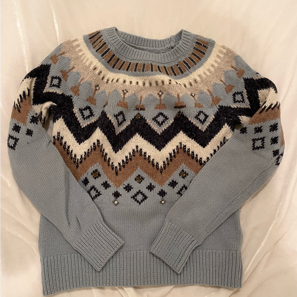 Abercrombie & Fithc Blue Fair Isle Sweater with embellishments, Size: Small